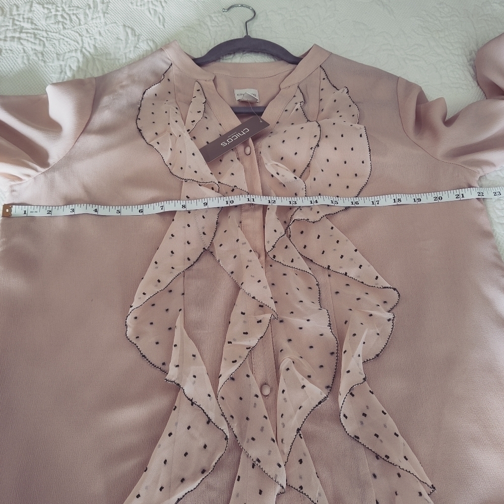 Chico's Dot Ruffle Blouse Long Sleeve Button Front Light Pink size 2 (L) - Picture 9 of 12